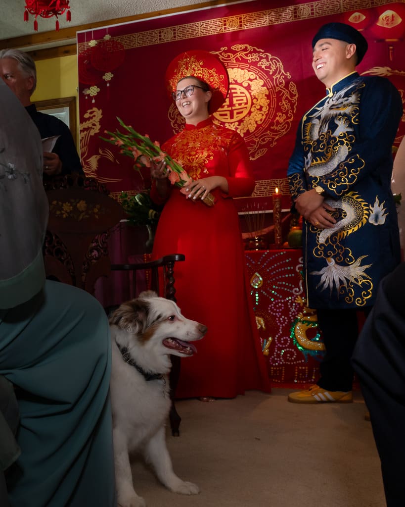 Couple in Vietnamese outfit smiling during ceremony. Dog in the foreground.