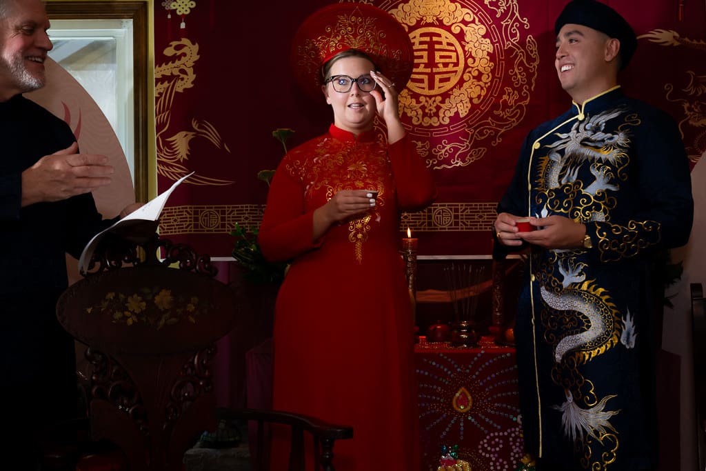 Vietnamese tea ceremony couple with tea